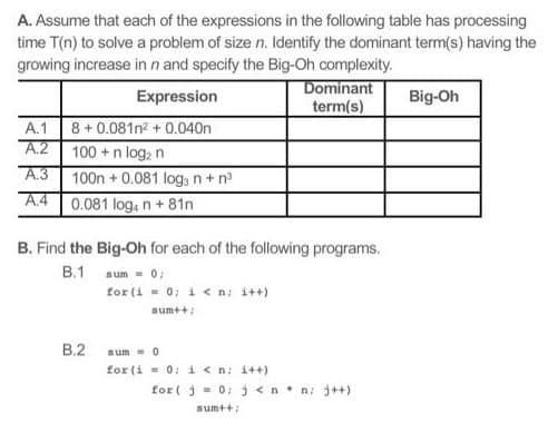 A. Assume that each of the expressions in the following table has processing
time T(n) to solve a problem of size n. Identify the dominant term(s) having the
growing increase in n and specify the Big-Oh complexity.
Expression
A.1
A.2
A.3
A.4
8 +0.081n² + 0.040n
100 +n log₂ n
100n + 0.081 log3n+n³
0.081 log. n +81n
B. Find the Big-Oh for each of the following programs.
B.1
sum = 0;
for (i = 0; i<n; i++)
sum++;
B.2
Dominant
term(s)
sum 0
for (i = 0; i<n; i++)
for(j = 0; j<nn; j++)
sum++;
Big-Oh
