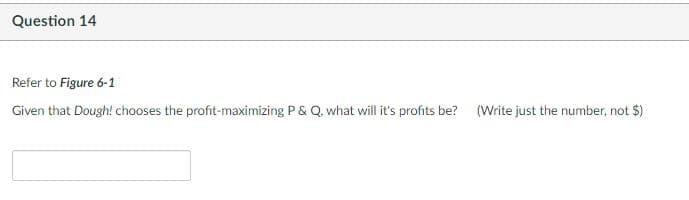 Question 14
Refer to Figure 6-1
Given that Dough! chooses the profit-maximizing P& Q. what will it's profits be? (Write just the number, not $)
