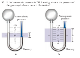 30. If the barometric pressure is 751.5 mmHg, what is the pressure of
the gas sample shown in each illustration?
Atmospheric
Atmospheric
pressure
pressure
cm
cm
Mercury
Mercury
h.
