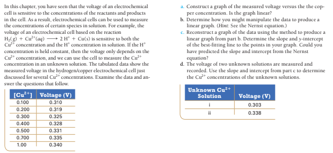 In this chapter, you have seen that the voltage of an electrochemical
cell is sensitive to the concentrations of the reactants and products
in the cell. As a result, electrochemical cells can be used to measure
the concentrations of certain species in solution. For example, the
voltage of an electrochemical cell based on the reaction
H,(g) + Cư"(aq) → 2H* + Cu(s) is sensitive to both the
Cư concentration and the H* concentration in solution. If the H*
concentration is held constant, then the voltage only depends on the
Cư** concentration, and we can use the cell to measure the Cut
concentration in an unknown solution. The tabulated data show the
a. Construct a graph of the measured voltage versus the the cop-
per concentration. Is the graph linear?
b. Determine how you might manipulate the data to produce a
linear graph. (Hint: See the Nernst equation.)
c. Reconstruct a graph of the data using the method to produce a
linear graph from part b. Determine the slope and y-intercept
of the best-fitting line to the points in your graph. Could you
have predicted the slope and intercept from the Nernst
equation?
d. The voltage of two unknown solutions are measured and
recorded. Use the slope and intercept from part c to determine
the Cu* concentrations of the unknown solutions.
measured voltage in the hydrogen/copper electrochemical cell just
discussed for several Cu concentrations. Examine the data and an-
swer the questions that follow.
[Cu**] Voltage (V)
Unknown Cu²+
Solution
Voltage (V)
0.100
0.310
0.303
0.200
0.319
ii
0.338
0.300
0.325
0.400
0.328
0.500
0.331
0.700
0.335
1.00
0.340
