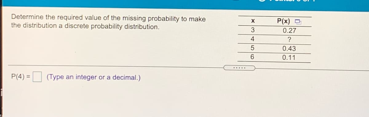 Determine the required value of the missing probability to make
the distribution a discrete probability distribution.
P(x) O
3
0.27
4
0.43
0.11
.....
P(4) =
(Type an integer or a decimal.)
