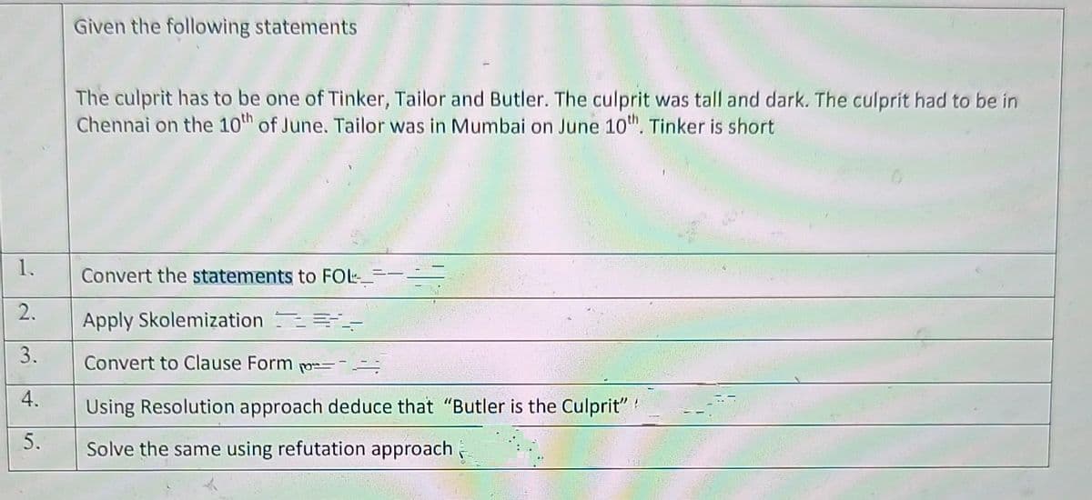 Given the following statements
The culprit has to be one of Tinker, Tailor and Butler. The culprit was tall and dark. The culprit had to be in
Chennai on the 10th of June. Tailor was in Mumbai on June 10". Tinker is short
1.
Convert the statements to FOL-
Apply Skolemization =
3.
Convert to Clause Form -
Using Resolution approach deduce that "Butler is the Culprit"t
Solve the same using refutation approach
2.
4.
5.
