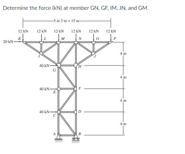 Determine the force (kN) at member GN, GF, IM, JN, and GM.
-5 at 3 m = 15 m-
12 kN
12 kN
12 kN
12 kN
12 kN
12 kN
M
N
20 kN-
4 m
40 kN
4 m
40 kN-
40 kN
4 m
A
