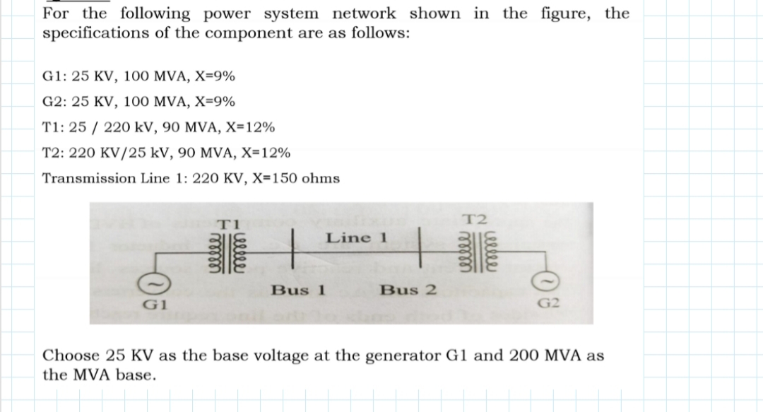 For the following power system network shown in the figure, the
specifications of the component are as follows:
G1: 25 KV, 100 MVA, X=9%
G2: 25 KV, 100 MVA, X=9%
T1: 25 / 220 kV, 90 MVA, X=12%
T2: 220 KV/25 kV, 90 MVA, X=12%
Transmission Line 1: 220 KV, X=150 ohms
T2
T1
Line 1
Bus 1
Bus 2
G1
G2
Choose 25 KV as the base voltage at the generator G1 and 200 MVA as
the MVA base.
cellee
ceelee
