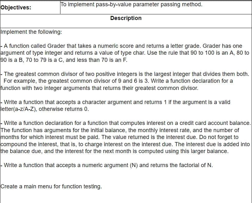 Objectives:
To implement pass-by-value parameter passing method.
Description
Implement the following:
- A function called Grader that takes a numeric score and returns a letter grade. Grader has one
argument of type integer and returns a value of type char. Use the rule that 90 to 100 is an A, 80 to
90 is a B, 70 to 79 is a C, and less than 70 is an F.
- The greatest common divisor of two positive integers is the largest integer that divides them both.
For example, the greatest common divisor of 9 and 6 is 3. Write a function declaration for a
function with two integer arguments that returns their greatest common divisor.
-Write a function that accepts a character argument and returns 1 if the argument is a valid
letter(a-z/A-Z), otherwise returns 0.
Write a function declaration for a function that computes interest on a credit card account balance.
The function has arguments for the initial balance, the monthly interest rate, and the number of
months for which interest must be paid. The value returned is the interest due. Do not forget to
compound the interest, that is, to charge interest on the interest due. The interest due is added into
the balance due, and the interest for the next month is computed using this larger balance.
Write a function that accepts a numeric argument (N) and returns the factorial of N.
Create a main menu for function testing.
