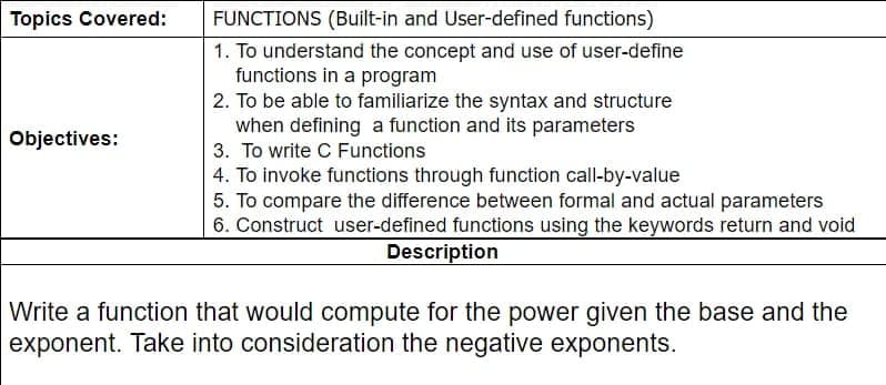 Topics Covered:
FUNCTIONS (Built-in and User-defined functions)
1. To understand the concept and use of user-define
functions in a program
2. To be able to familiarize the syntax and structure
when defining a function and its parameters
Objectives:
3. To write C Functions
4. To invoke functions through function call-by-value
5. To compare the difference between formal and actual parameters
6. Construct user-defined functions using the keywords return and void
Description
Write a function that would compute for the power given the base and the
exponent. Take into consideration the negative exponents.
