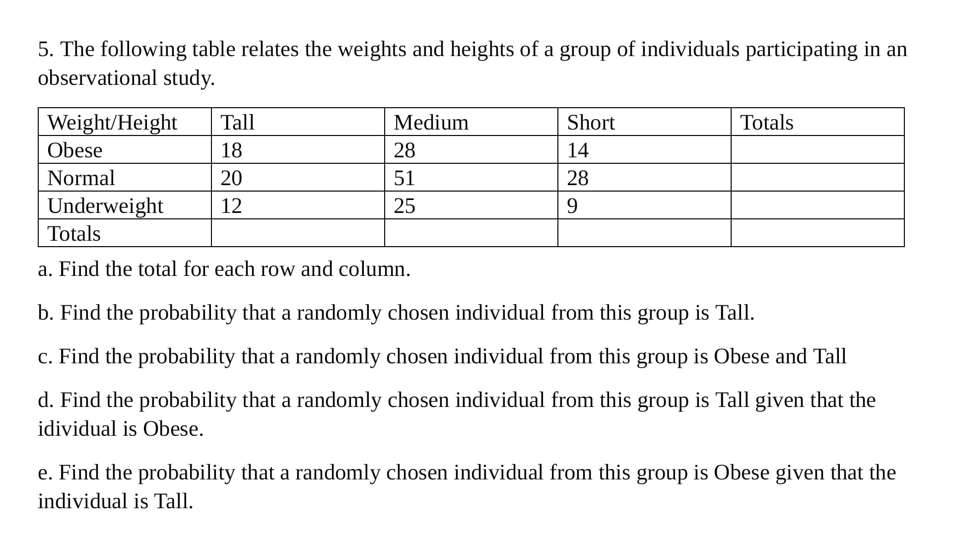5. The following table relates the weights and heights of a group of individuals participating in an
observational study.
Weight/Height
Obese
Tall
Medium
Short
Totals
18
28
14
Normal
20
51
28
Underweight
12
25
9
Totals
a. Find the total for each row and column.
b. Find the probability that a randomly chosen individual from this group is Tall.
c. Find the probability that a randomly chosen individual from this group is Obese and Tall
d. Find the probability that a randomly chosen individual from this group is Tall given that the
idividual is Obese.
e. Find the probability that a randomly chosen individual from this group is Obese given that the
individual is Tall.
