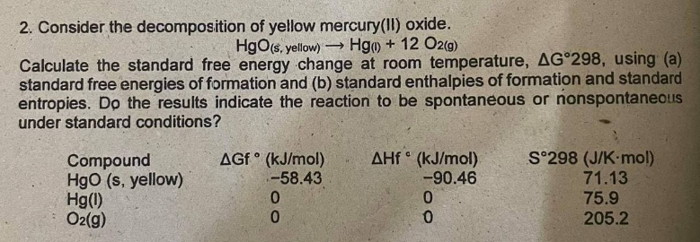 2. Consider the decomposition of yellow mercury(II) oxide.
HgO(s, yellow)
Hg) + 12 O2(g)
Calculate the standard free energy change at room temperature, AG°298, using (a)
standard free energies of formation and (b) standard enthalpies of formation and standard
entropies. Do the results indicate the reaction to be spontaneous or nonspontaneouS
under standard conditions?
S°298 (J/K mol)
71.13
75.9
AHf ° (kJ/mol)
AGf ° (kJ/mol)
-58.43
Compound
Hgo (s, yellow)
Hg(1)
O2(g)
-90.46
205.2
