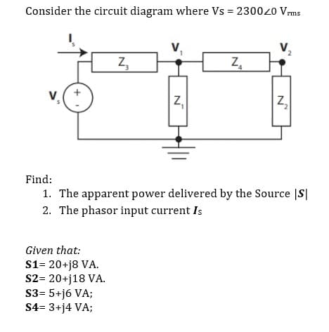Consider the circuit diagram where Vs = 230020 Vrms
V,
V,
z,
Z,
Z,
Find:
1. The apparent power delivered by the Source |S|
2. The phasor input current Is
Given that:
S1= 20+j8 VA.
S2= 20+j18 VA.
S3= 5+j6 VA;
S4= 3+j4 VA;
