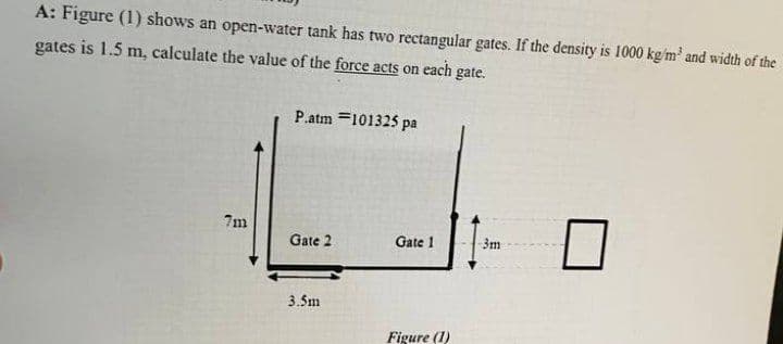 A: Figure (1) shows an open-water tank has two rectangular gates. If the density is 1000 kg/m³ and width of the
gates is 1.5 m, calculate the value of the force acts on each gate.
7m
P.atm =101325 pa
Gate 2
3.5m
Gate 1
Figure (1)
3m