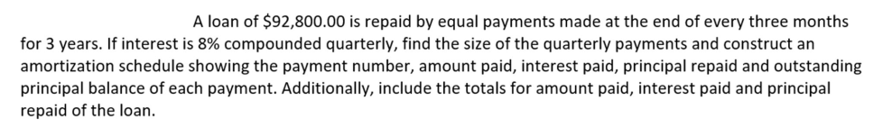 A loan of $92,800.00 is repaid by equal payments made at the end of every three months
for 3 years. If interest is 8% compounded quarterly, find the size of the quarterly payments and construct an
amortization schedule showing the payment number, amount paid, interest paid, principal repaid and outstanding
principal balance of each payment. Additionally, include the totals for amount paid, interest paid and principal
repaid of the loan.
