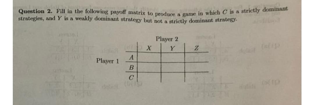 Question 2. Fill in the following payoff matrix to produce a game in which C is a strictly dominant
strategies, and Y is a weakly dominant strategy but not a strictly dominant strategy.
Player 2
Y
Player 1
etund
