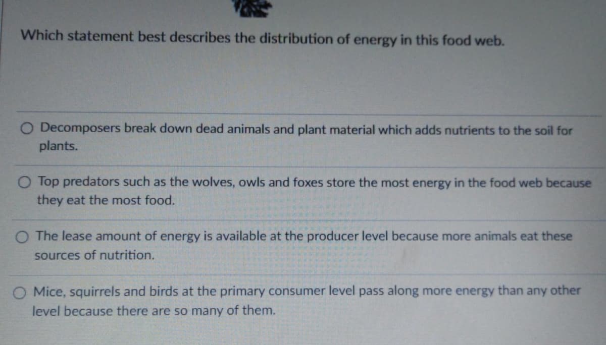 Which statement best describes the distribution of energy in this food web.
O Decomposers break down dead animals and plant material which adds nutrients to the soil for
plants.
O Top predators such as the wolves, owls and foxes store the most energy in the food web because
they eat the most food.
O The lease amount of energy is available at the producer level because more animals eat these
sources of nutrition.
O Mice, squirrels and birds at the primary consumer level pass along more energy than any other
level because there are so many of them.
