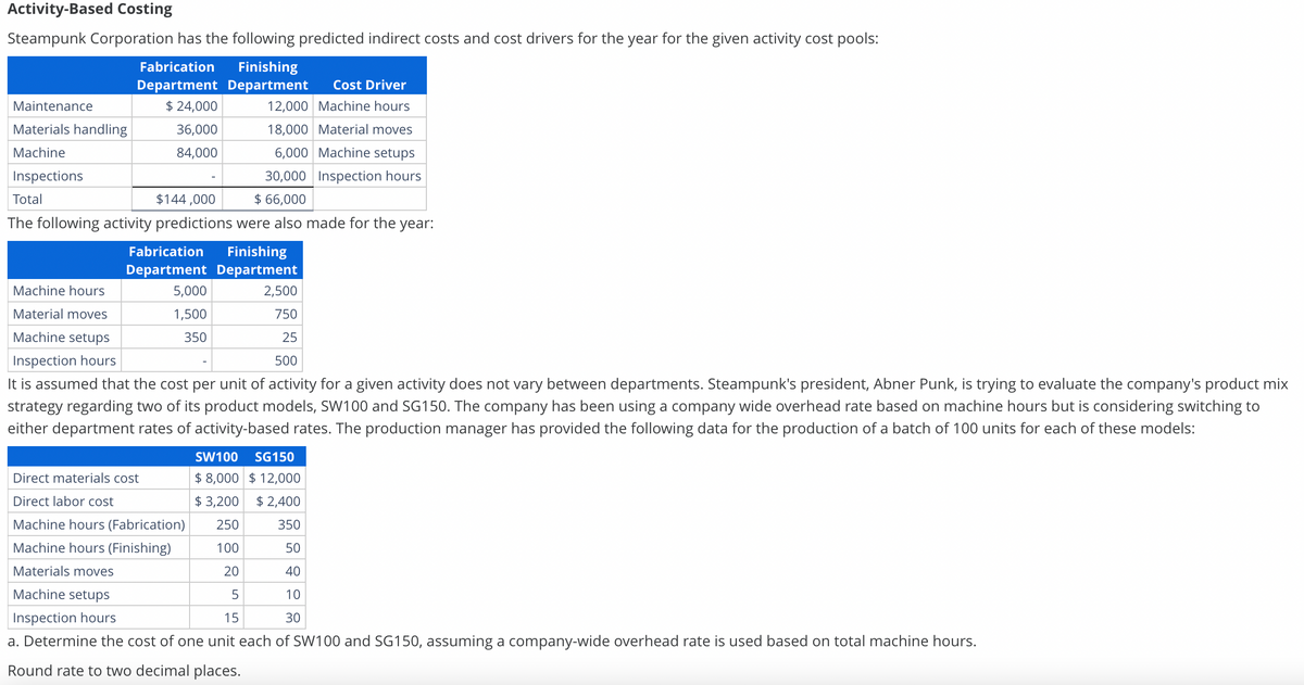 Activity-Based Costing
Steampunk Corporation has the following predicted indirect costs and cost drivers for the year for the given activity cost pools:
Fabrication
Finishing
Department Department Cost Driver
$ 24,000
12,000 Machine hours
18,000 Material moves
36,000
84,000
6,000 Machine setups
30,000 Inspection hours
Total
$144,000
$ 66,000
The following activity predictions were also made for the year:
Maintenance
Materials handling
Machine
Inspections
Fabrication Finishing
Department Department
5,000
2,500
1,500
750
350
25
500
It is assumed that the cost per unit of activity for a given activity does not vary between departments. Steampunk's president, Abner Punk, is trying to evaluate the company's product mix
strategy regarding two of its product models, SW100 and SG150. The company has been using a company wide overhead rate based on machine hours but is considering switching to
either department rates of activity-based rates. The production manager has provided the following data for the production of a batch of 100 units for each of these models:
Machine hours
Material moves
Machine setups
Inspection hours
SW100 SG150
$8,000 $12,000
Direct materials cost
Direct labor cost
$3,200 $2,400
250
Machine hours (Fabrication)
350
Machine hours (Finishing)
100
50
Materials moves
20
40
Machine setups
5
10
Inspection hours
15
30
a. Determine the cost of one unit each of SW100 and SG150, assuming a company-wide overhead rate is used based on total machine hours.
Round rate to two decimal places.