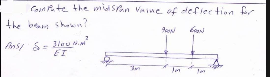 Compute the midspan value of deflection for
900N
600N
7
3m
the beam shown?
3
Ans/ S = 3100 N.m²
ΕΙ
Im