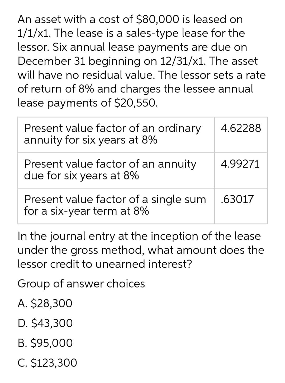 An asset with a cost of $80,000 is leased on
1/1/x1. The lease is a sales-type lease for the
lessor. Six annual lease payments are due on
December 31 beginning on 12/31/x1. The asset
will have no residual value. The lessor sets a rate
of return of 8% and charges the lessee annual
lease payments of $20,550.
Present value factor of an ordinary
annuity for six years at 8%
4.62288
Present value factor of an annuity
due for six years at 8%
4.99271
Present value factor of a single sum
for a six-year term at 8%
.63017
In the journal entry at the inception of the lease
under the gross method, what amount does the
lessor credit to unearned interest?
Group of answer choices
A. $28,300
D. $43,300
B. $95,000
C. $123,300

