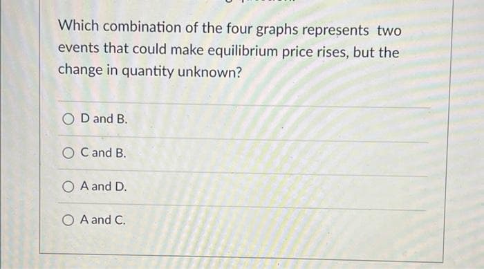 Which combination of the four graphs represents two
events that could make equilibrium price rises, but the
change in quantity unknown?
OD and B.
O C and B.
O A and D.
O A and C.