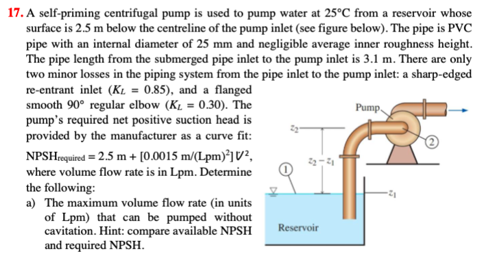 17. A self-priming centrifugal pump is used to pump water at 25°C from a reservoir whose
surface is 2.5 m below the centreline of the pump inlet (see figure below). The pipe is PVC
pipe with an internal diameter of 25 mm and negligible average inner roughness height.
The pipe length from the submerged pipe inlet to the pump inlet is 3.1 m. There are only
two minor losses in the piping system from the pipe inlet to the pump inlet: a sharp-edged
re-entrant inlet (K₁ = 0.85), and a flanged
smooth 90° regular elbow (K₁ = 0.30). The
pump's required net positive suction head is
provided by the manufacturer as a curve fit:
NPSHrequired = 2.5 m + [0.0015 m/(Lpm)²] V/²,
where volume flow rate is in Lpm. Determine
the following:
Pump,
2₂-21
a) The maximum volume flow rate (in units
of Lpm) that can be pumped without
cavitation. Hint: compare available NPSH
and required NPSH.
Reservoir