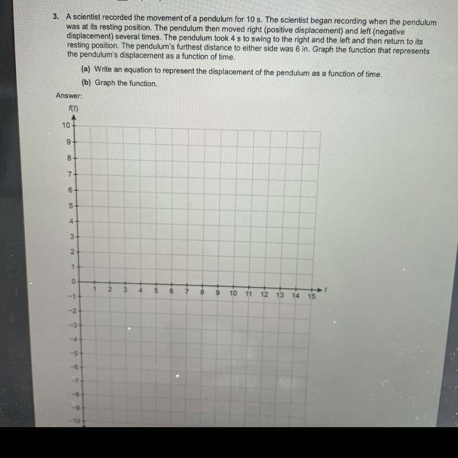 3. A scientist recorded the movement of a pendulum for 10 s. The scientist began recording when the pendulum
was at its resting position. The pendulum then moved right (positive displacement) and left (negative
displacement) several times. The pendulum took 4 s to swing to the right and the left and then return to its
resting position. The pendulum's furthest distance to either side was 6 in. Graph the function that represents
the pendulum's displacement as a function of time.
(a) Write an equation to represent the displacement of the pendulum as a function of time.
(b) Graph the function.
Answer:
f(t)
10
9+
8-
7-
6-
5-
3-
3.
-1
10
11
12 13 14 15
-2
-3
-4
-5
-7
10
6.
4.
4.
2.
1.
