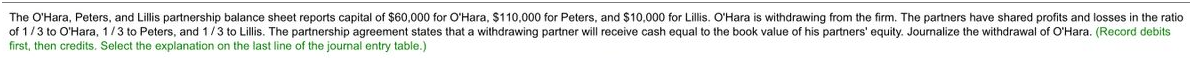 The O'Hara, Peters, and Lillis partnership balance sheet reports capital of $60,000 for O'Hara, $110,000 for Peters, and $10,000 for Lillis. O'Hara is withdrawing from the firm. The partners have shared profits and losses in the ratio
of 1/3 to O'Hara, 1/3 to Peters, and 1/3 to Lillis. The partnership agreement states that a withdrawing partner will receive cash equal to the book value of his partners' equity. Journalize the withdrawal of O'Hara. (Record debits
first, then credits. Select the explanation on the last line of the journal entry table.)
