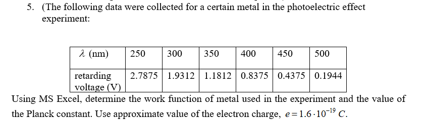 5. (The following data were collected for a certain metal in the photoelectric effect
experiment:
1 (nm)
250
300
350
400
450
500
2.7875 1.9312 1.1812 0.8375 0.4375 0.1944
retarding
voltage (V)
Using MS Excel, determine the work function of metal used in the experiment and the value of
the Planck constant. Use approximate value of the electron charge, e=1.6·10-19 C.
