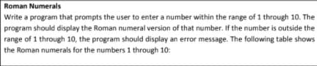 Roman Numerals
Write a program that prompts the user to enter a number within the range of 1 through 10. The
program should display the Roman numeral version of that number. If the number is outside the
range of 1 through 10, the program should display an error message. The following table shows
the Roman numerals for the numbers 1 through 10:
