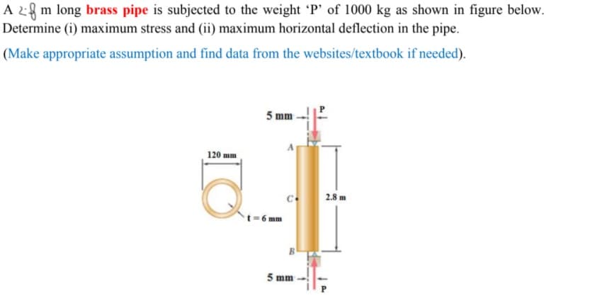A 24 m long brass pipe is subjected to the weight 'P' of 1000 kg as shown in figure below.
Determine (i) maximum stress and (ii) maximum horizontal deflection in the pipe.
(Make appropriate assumption and find data from the websites/textbook if needed).
5 mm
120 mm
2.8 m
t = 6 mm
5 mm
