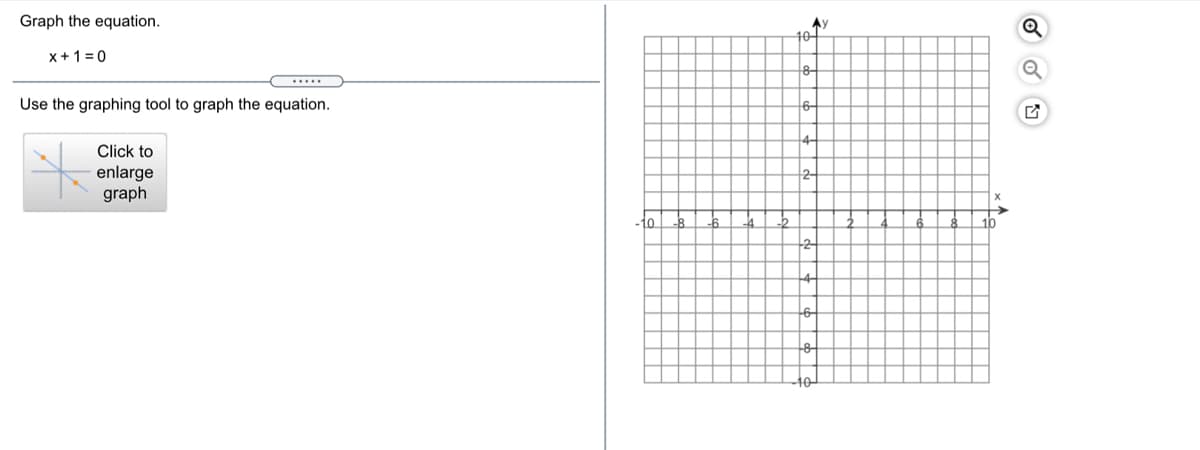 Graph the equation.
Ay
40-
x + 1 = 0
8-
Use the graphing tool to graph the equation.
Click to
enlarge
graph
1o
16
-4
