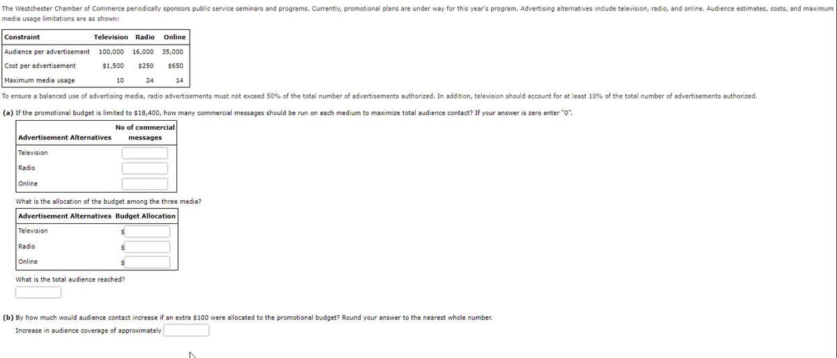 The Westchester Chamber of Commerce periodically sponsors public service seminars and programs. Currently, promotional plans are under way for this year's program. Advertising alternatives include television, radio, and online. Audience estimates, costs, and maximum
media usage limitations are as shown:
Constraint
Television Radio
Online
Audience per advertisement
100,000
16,000
35,000
Cost per advertisement
$1,500
$250
$650
Maximum media usage
10
24
14
To ensure a balanced use of advertising media, radio advertisements must not exceed 50% of the total number of advertisements authorized. In addition, television should account for at least 10% of the total number of advertisements authorized.
(a) If the promotional budget is limited to $18,400, how many commercial messages should be run on each medium to maximize total audience contact? If your answer is zero enter "0".
No of commercial
Advertisement Alternatives
messages
Television
Radio
Online
What is the allocation of the budget among the three media?
Advertisement Alternatives Budget Allocation
Television
Radio
Online
What is the total audience reached?
(b) By how much would audience contact increase if an extra $100 were allocated to the promotional budget? Round your answer to the nearest whole number.
Increase in audience coverage of approximately
