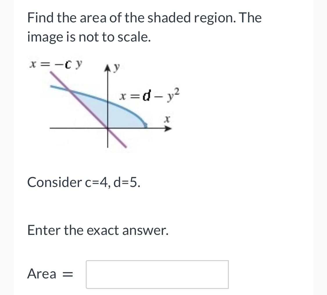 Find the area of the shaded region. The
image is not to scale.
x = -C y
x =
Consider c=4, d=5.
Enter the exact answer.
Area =
