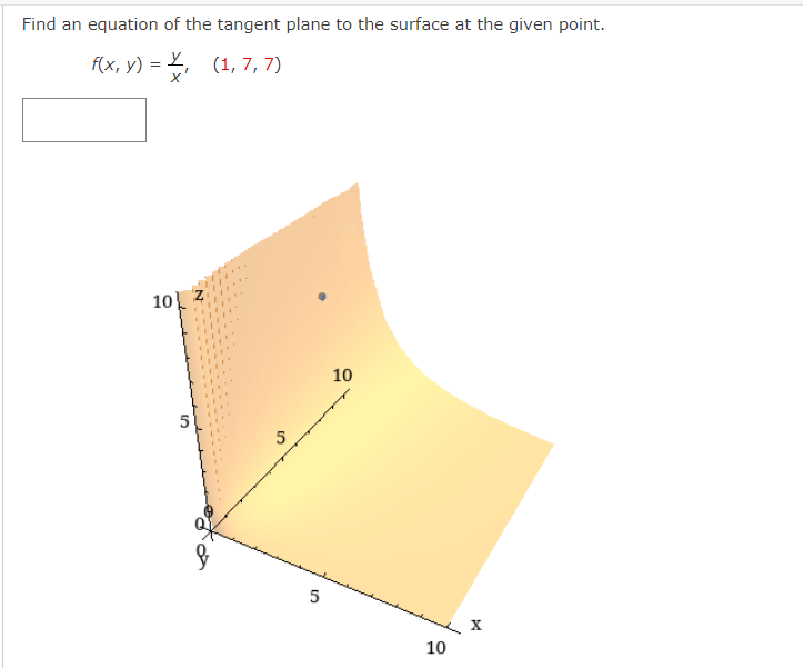 Find an equation of the tangent plane to the surface at the given point.
f(x, y) = X, (1, 7, 7)
10
5
N-
5
5
10
10
X
