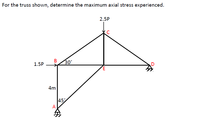 For the truss shown, determine the maximum axial stress experienced.
2.5P
В
30°
1.5P
4m
45%
A
