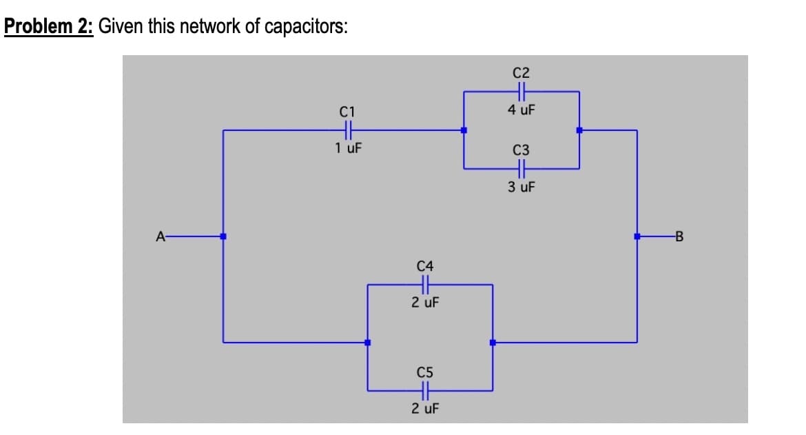 Problem 2: Given this network of capacitors:
C2
C1
4 uF
1 uF
C3
3 uF
A-
-B
C4
2 uF
C5
2 uF
