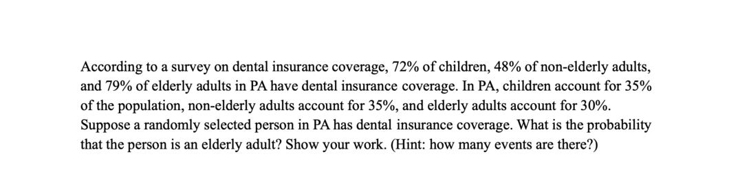 According to a survey on dental insurance coverage, 72% of children, 48% of non-elderly adults,
and 79% of elderly adults in PA have dental insurance coverage. In PA, children account for 35%
of the population, non-elderly adults account for 35%, and elderly adults account for 30%.
Suppose a randomly selected person in PA has dental insurance coverage. What is the probability
that the person is an elderly adult? Show your work. (Hint: how many events are there?)
