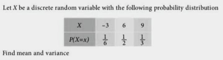 Let X be a discrete random variable with the following probability distribution
-3
6
P(X=x)
6.
Find mean and variance
-//3
