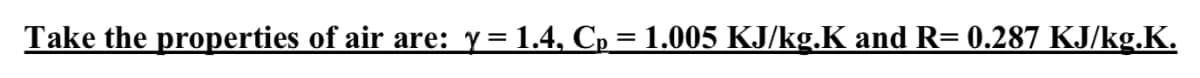 Take the properties of air are: y=1.4, Cp = 1.005 KJ/kg.K and R= 0.287 KJ/kg.K.

