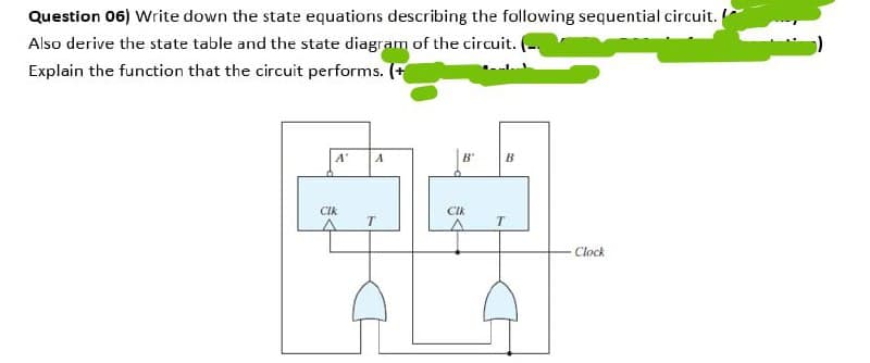 Question 06) Write down the state equations describing the following sequential circuit.
Also derive the state table and the state diagram of the circuit.
Explain the function that the circuit performs. (+
A'
B'
B
CIk
CIk
T
T
Clock
