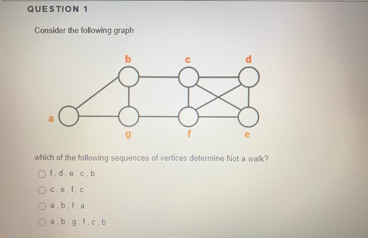 QUESTION 1
Consider the following graph
a
which of the following sequences of vertices determine Not a walk?
Of.d, e.c.b
c, e.f.c
a, b, f, a
O a, b, g.f.c. b

