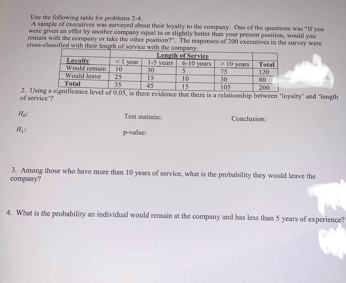 Use the following table for problems 2-4.
A sample of executives was surveyed about their loyalty to the company. One of the questions was "If you
were given an offer by another company equal to or slightly better than your present position, would you
remain with the company or take the other position?". The responses of 200 executives in the survey were
cross-classified with their length of service with the company.
Length of Service
1-5 years
Loyalty
Would remain
<1 year
6-10 years
> 10 years
Total
10
30
75
120
Would leave
25
15
10
30
80
Total
35
45
15
105
200
2. Using a significance level of 0.05, is there evidence that there is a relationship between 'loyalty' and ʻlength
of service'?
Но:
Test statistic:
Conclusion:
H1:
p-value:
3. Among those who have more than 10 years of service, what is the probability they would leave the
company?
4. What is the probability an individual would remain at the company and has less than 5 years of experience?
