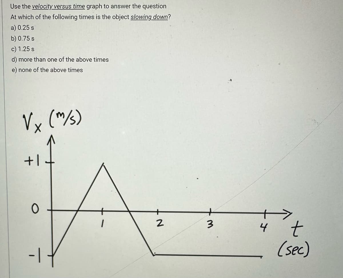 Use the velocity versus time graph to answer the question
At which of the following times is the object slowing down?
a) 0.25 s
b) 0.75 s
c) 1.25 s
d) more than one of the above times
e) none of the above times
√x (m/s)
+1
0
-1
N
3
4
t
(sec)