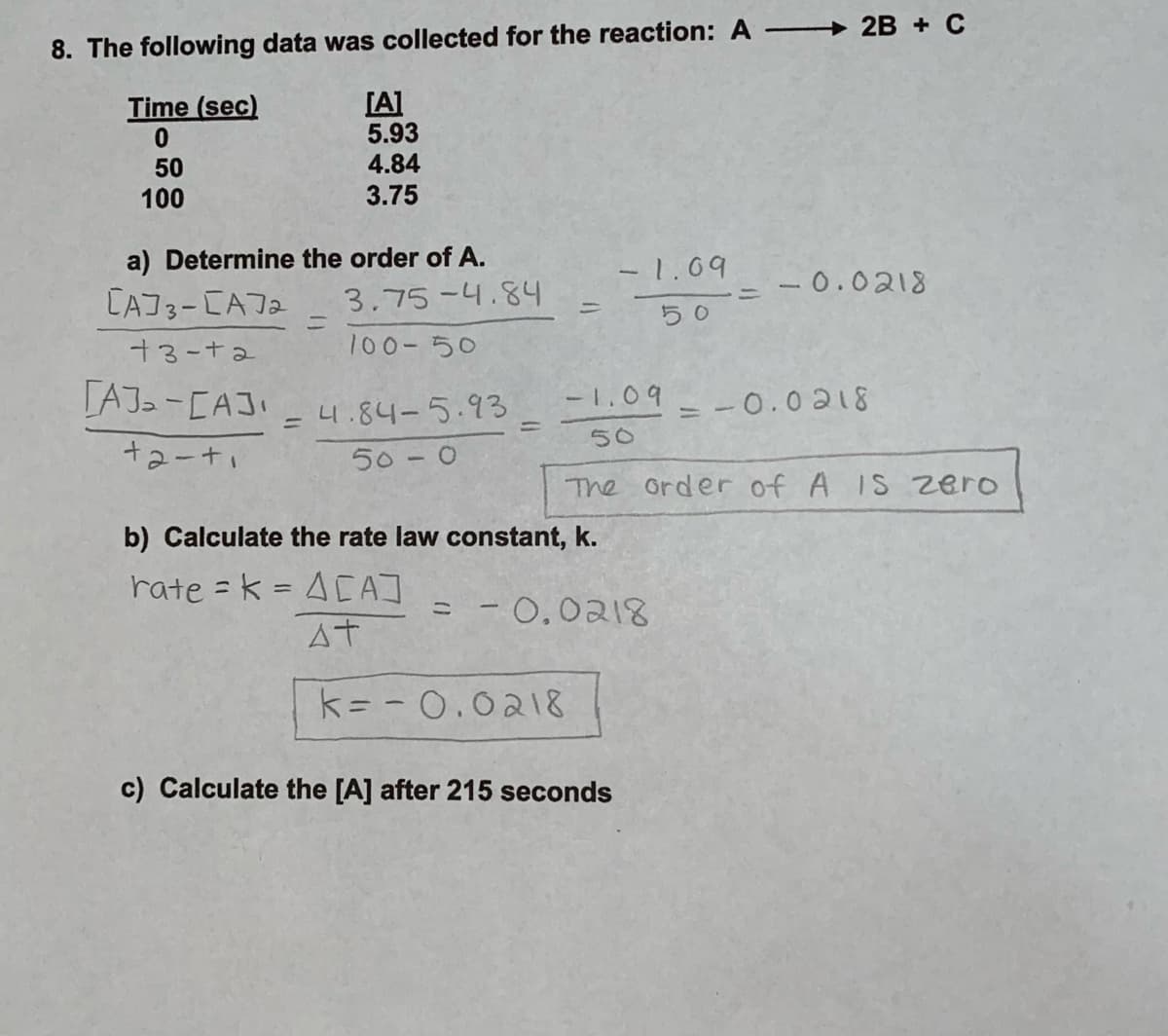 8. The following data was collected for the reaction: A 2B + C
[A]
5.93
4.84
3.75
Time (sec)
50
100
a) Determine the order of A.
3.75-4.84
-1.09
- 0.0218
CAJ3-CAJ2
50
%3D
+3-t2
100-50
[AJS -[AJI
4.84-5.93
-1.09
= -0.0218
%3D
%3D
50
50 -0
The order of A IS zero
b) Calculate the rate law constant, k.
rate = k = ACA]
%3D
= - 0,0218
At
k= - 0.0218
c) Calculate the [A] after 215 seconds
