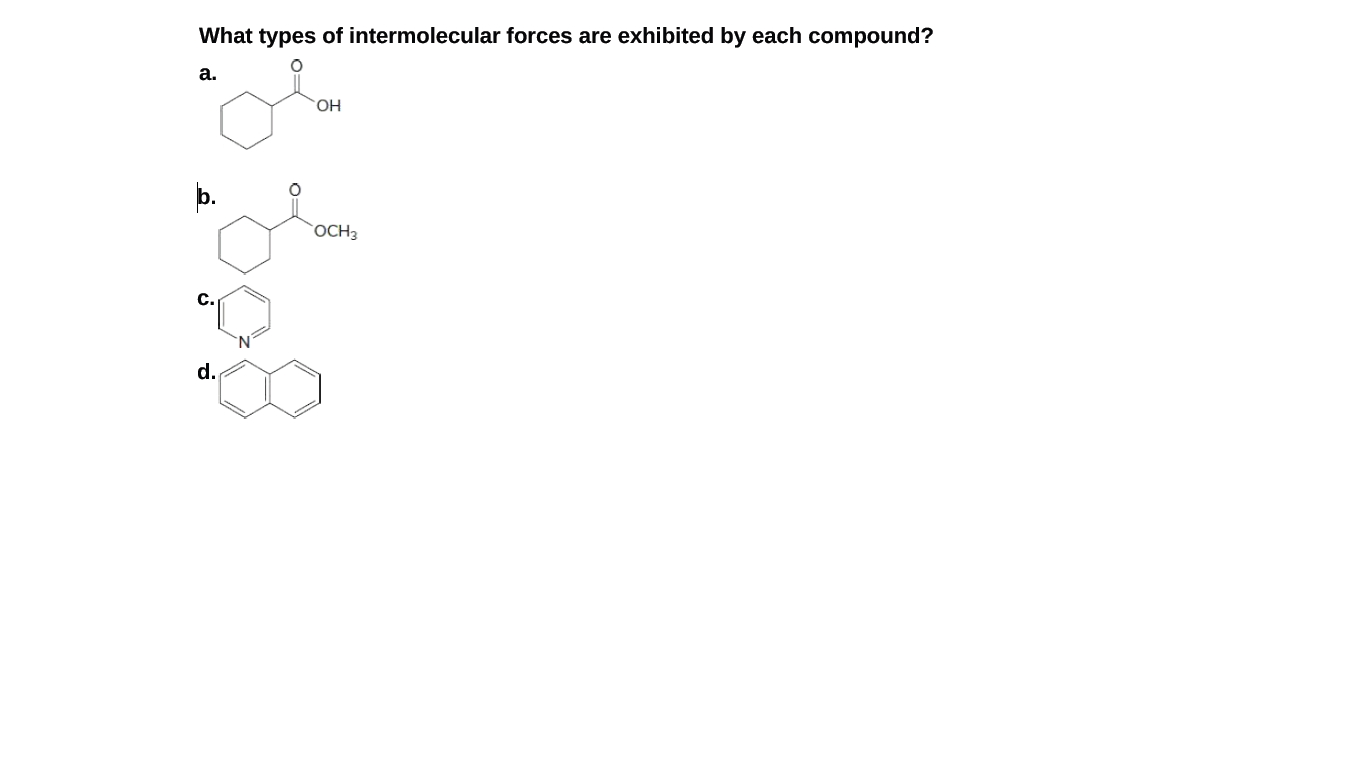 What types of intermolecular forces are exhibited by each compound?
а.
HO.
OCH3
C.
d.
