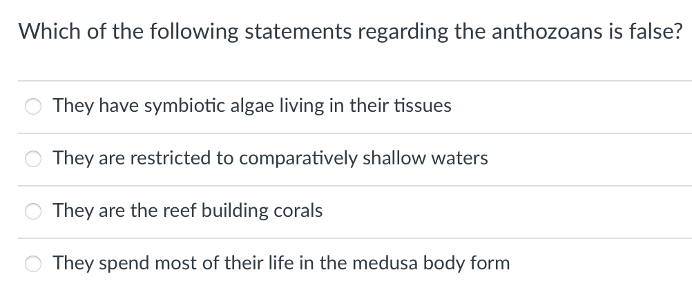 Which of the following statements regarding the anthozoans is false?
They have symbiotic algae living in their tissues
They are restricted to comparatively shallow waters
They are the reef building corals
They spend most of their life in the medusa body form
