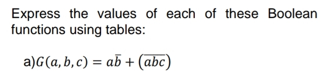Express the values of each of these Boolean
functions using tables:
a) G (a, b, c) = ab + (abc)