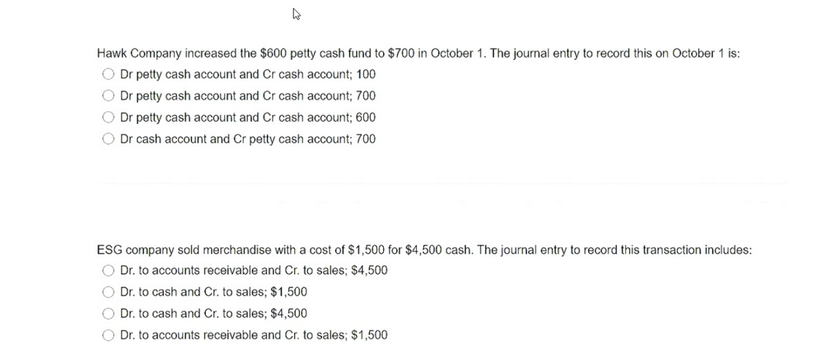 Hawk Company increased the $600 petty cash fund to $700 in October 1. The journal entry to record this on October 1 is:
O Dr petty cash account and Cr cash account; 100
O Dr petty cash account and Cr cash account; 700
O Dr petty cash account and Cr cash account; 600
Dr cash account and Cr petty cash account; 700
ESG company sold merchandise with a cost of $1,500 for $4,500 cash. The journal entry to record this transaction includes:
O Dr. to accounts receivable and Cr. to sales; $4,500
O Dr. to cash and Cr. to sales; $1,500
O Dr. to cash and Cr. to sales; $4,500
O Dr. to accounts receivable and Cr. to sales; $1,500
