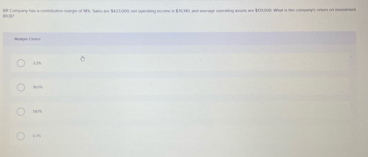 BR Company has a contribution margin of 18%. Sales are $423,000, net operating income is $76,140, and average operating assets are $131,000. What is the company's return on investment
(ROI)?
Multiple Choice
3.2%
18.0%
58.1%
0.3%
