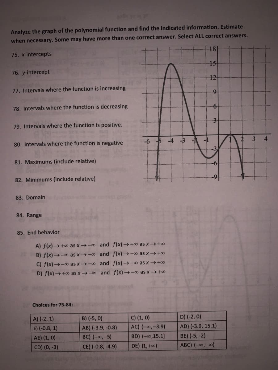 Analyze the graph of the polynomial function and find the indicated information. Estimate
when necessary. Some may have more than one correct answer. Select ALL correct answers.
181
75. x-intercepts
15
76. y-intercept
12
77. Intervals where the function is increasing
78. Intervals where the function is decreasing
79. Intervals where the function is positive.
3.
-1
-3
-6
-4
-3
80. Intervals where the function is negative
81. Maximums (include relative)
-6-
82. Minimums (include relative)
-46-
83. Domain
84. Range
85. End behavior
A) f(x) → +o as x →-00 and f(x)→+o as x → +0
B) f(x) → -0 as x →-00 and f(x) →-∞ as x → +00
C) f(x) →-o as x →-00 and f(x)→+0o as x→ +o
D) f(x) → +∞ as x →-0 and f(x)→-oo as x → +00
Choices for 75-84:
A) (-2, 1)
B) (-5, 0)
C) (1, 0)
D) (-2, 0)
E) (-0.8, 1)
AB) (-3.9, -0.8)
AC) (-0,-3.9)
AD) (-3.9, 15.1)
AE) (1, 0)
BC) (-0,-5)
BD) (-0,15.1]
BE) (-5, -2)
CD) (0, -3)
CE) (-0.8, -4.9)
DE) (1, +0)
ABC) (-00, +0)
