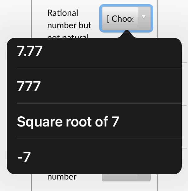 Rational
[ Choo:
number but
not patural
7.77
777
Square root of 7
-7
number
