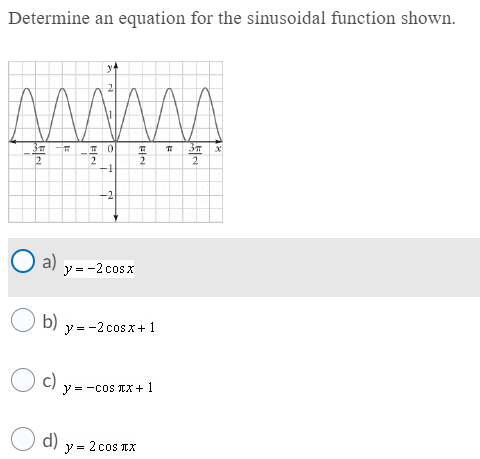 Determine an equation for the sinusoidal function shown.
2
2
-2
O a)
y = -2 cos x
b)
y = -2 cos x+ 1
c)
y = -coS TX +1
d)
v = 2 cos IX
