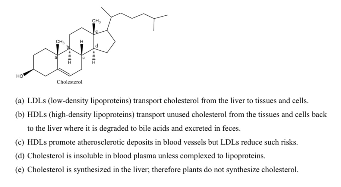 CH3
CH3
но
Cholesterol
(a) LDLS (low-density lipoproteins) transport cholesterol from the liver to tissues and cells.
(b) HDLS (high-density lipoproteins) transport unused cholesterol from the tissues and cells back
to the liver where it is degraded to bile acids and excreted in feces.
(c) HDLS promote atherosclerotic deposits in blood vessels but LDLS reduce such risks.
(d) Cholesterol is insoluble in blood plasma unless complexed to lipoproteins.
(e) Cholesterol is synthesized in the liver; therefore plants do not synthesize cholesterol.
||I
